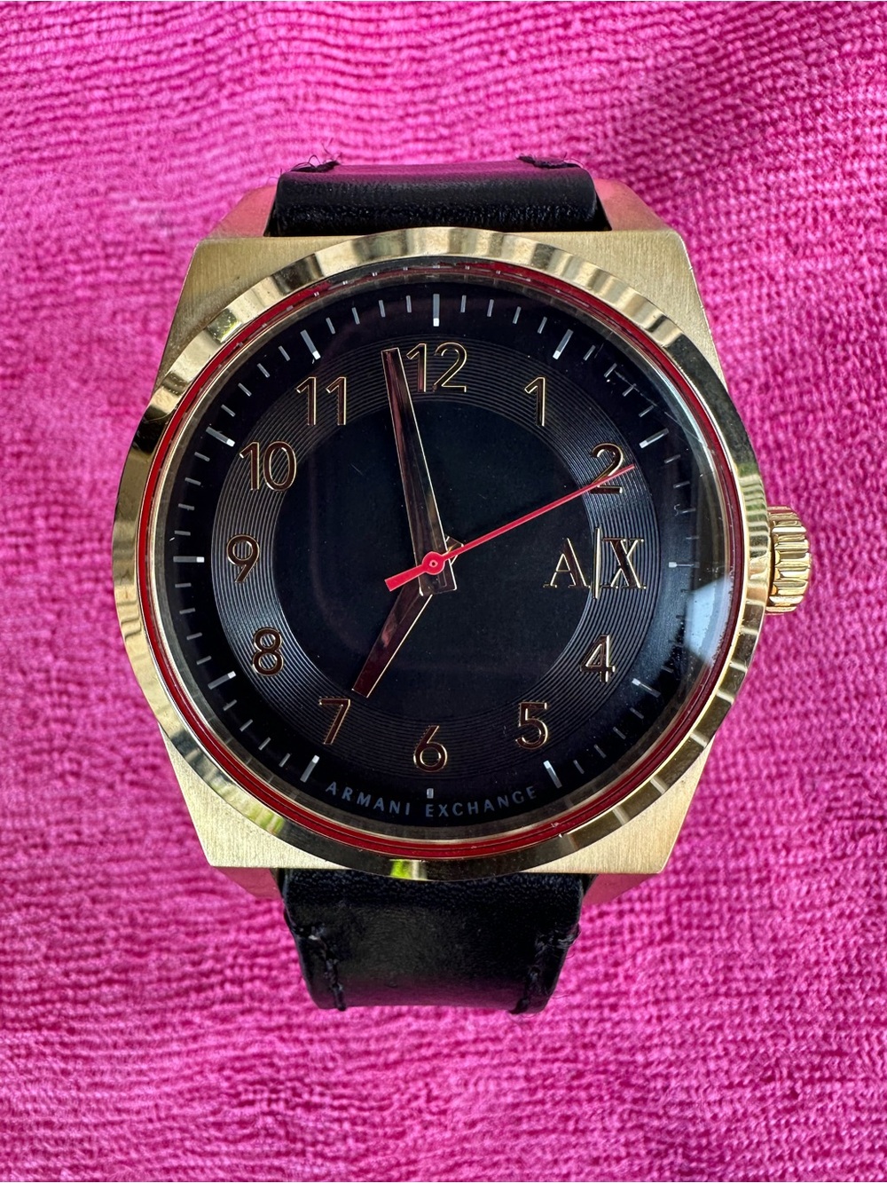 Armani Exchange Gold Case Black Dial Watch with Red Seconds Hand